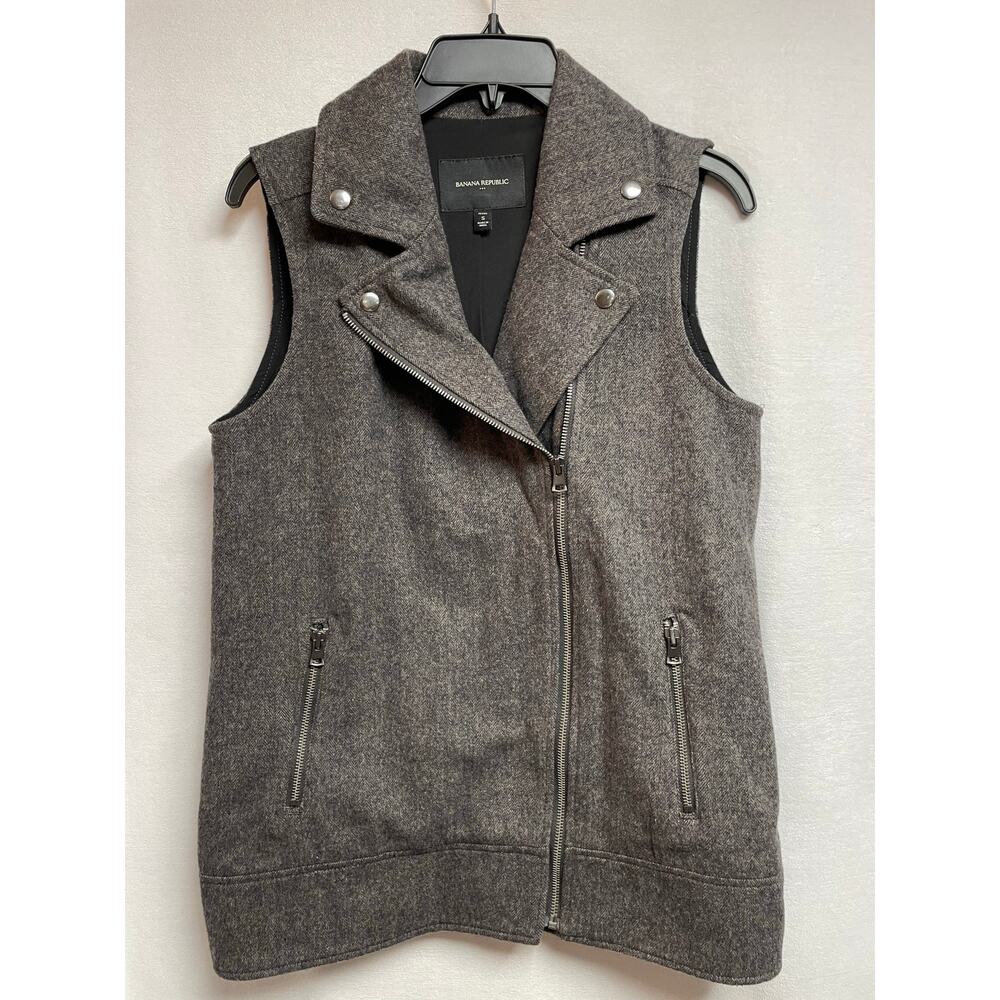 Banana Republic womens Wool blend Vest zipper Small petite‎ gray herringbone